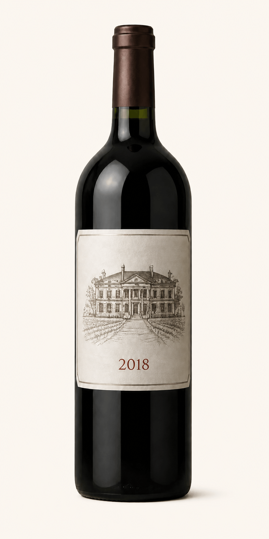 A dark Bordeaux bottle with an ivory château label and 2018 vintage