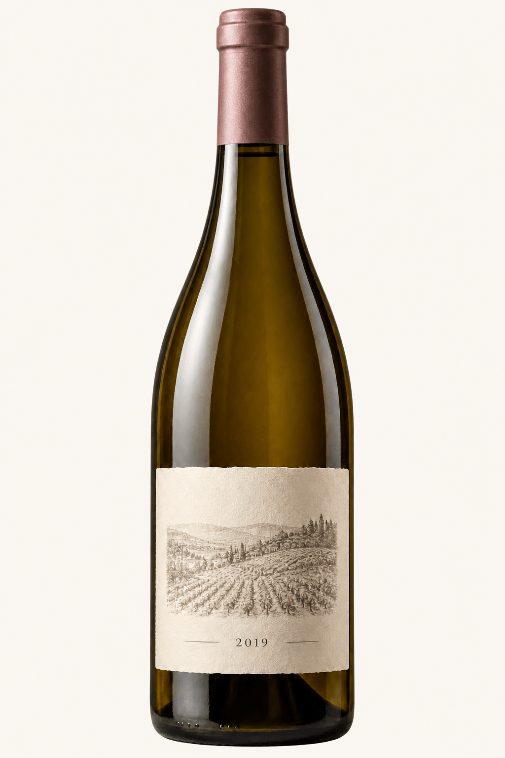 An olive Burgundy bottle with a vineyard label and 2019 vintage